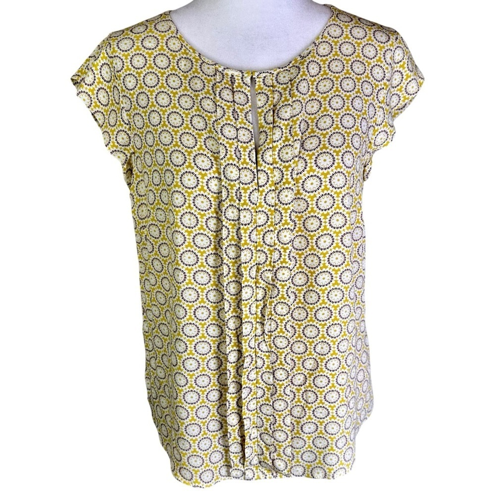 Boden Yellow and White Pleated Scoop Neck Flutter Sleeve Blouse Size 6